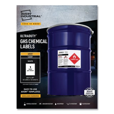 Avery UltraDuty GHS Chemical Waterproof and UV ResLabels, 8.5x11, Wht, PK50 60501